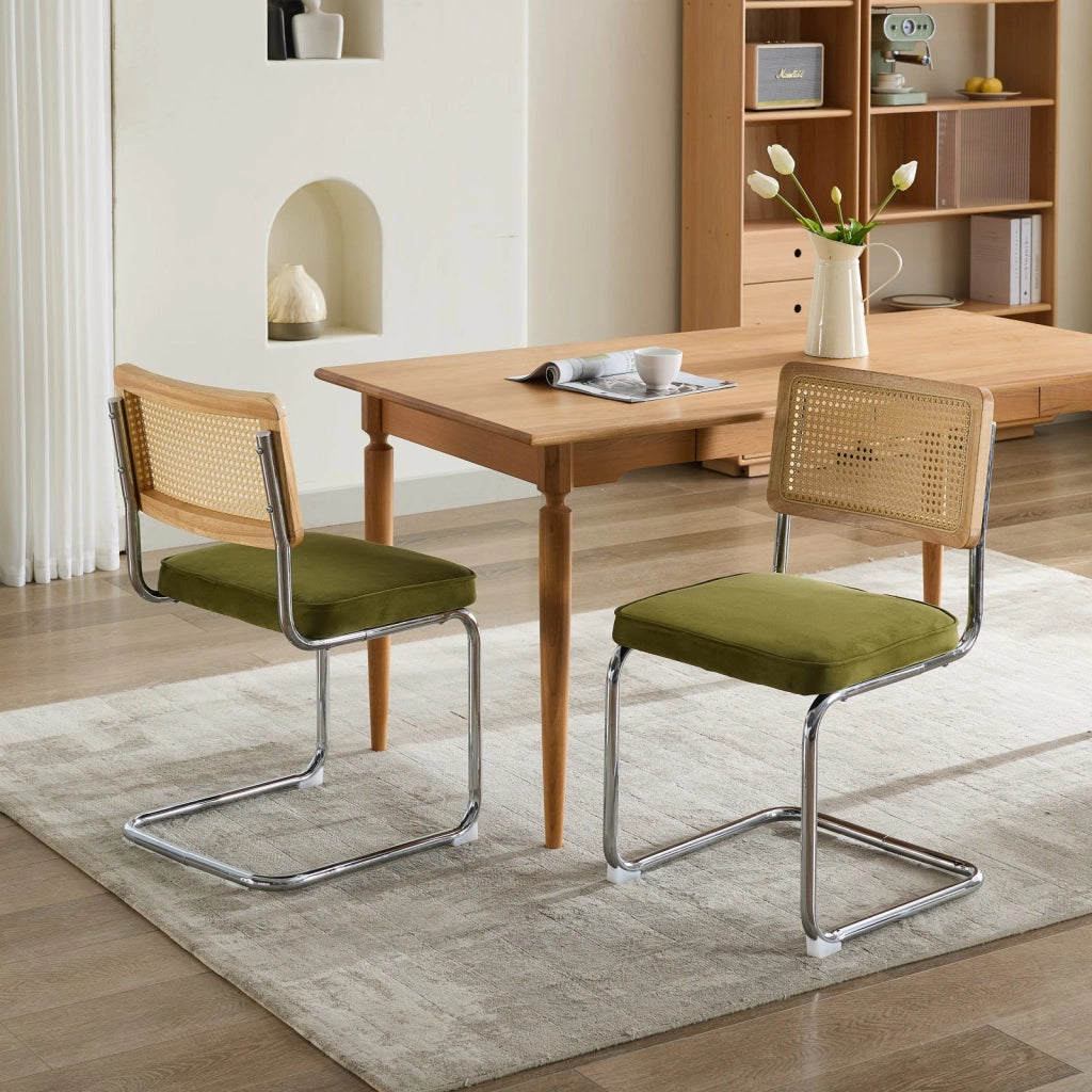 Set 2 Sedie da Pranzo in Velluto con Schienale in Rattan ¨C Xylo ¨C Verde, Gambe Cromate