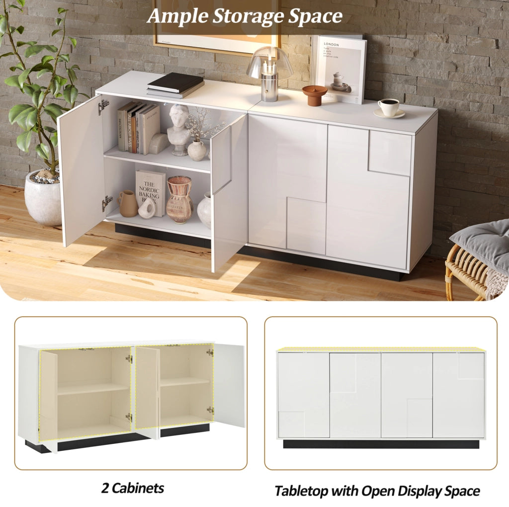 Sideboard da soggiorno 160x37x75;5 cm con 4 ante; bianco lucido e base nera