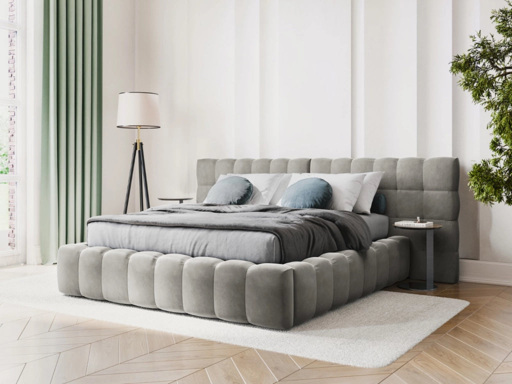 Cosmopolitan Design - Letto a cassettone con testiera doppia "Bali" 160x200cm in velluto grigio chiaro 