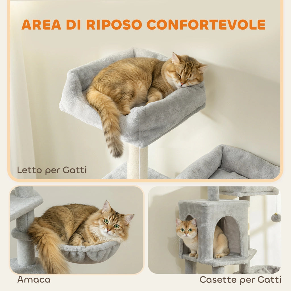 Albero Tiragraffi per Gatti con 2 Casette e Lettini ¨C Minimal ¨C Grigio Chiaro e Beige 48x40x177 cm