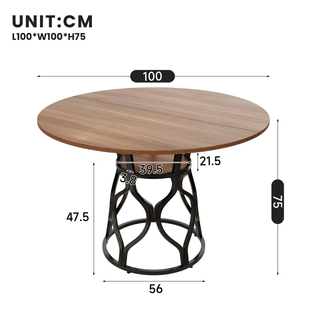 Tavolo da pranzo rotondo 100x100x75 cm, tavolo da cucina per 4-6 persone con vano contenitore integrato, piano in MDF effetto noce, struttura moderna