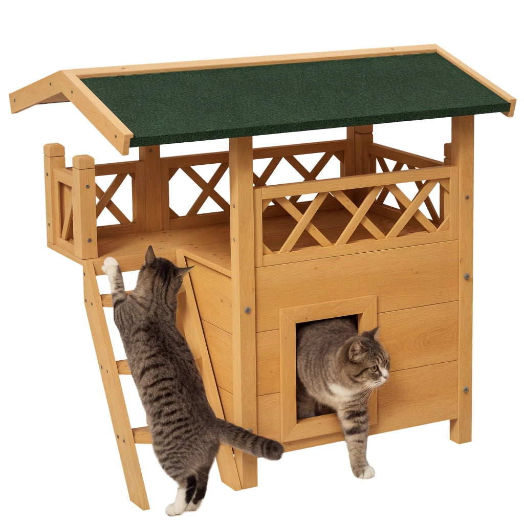 Casetta per Gatti con Terrazza ¨C Zephmum ¨C Legno Naturale e Verde 77x50x73 cm