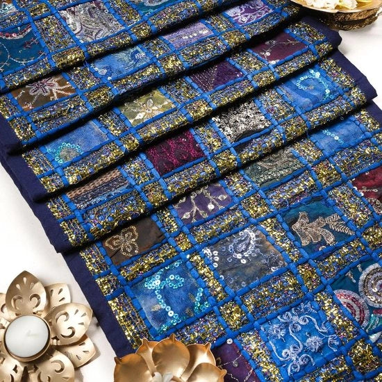 Patchwork decorativo per tovaglia da tavola 40x182 cm, tessuto di cotone manuale, morbido, respirante, per sala da pranzo, placemat da caffè, decorativo, blu scuro.