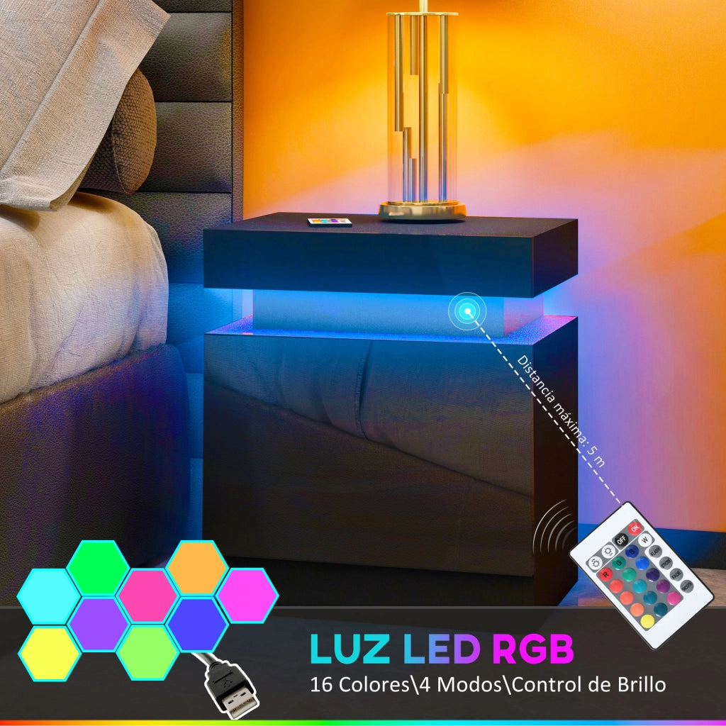Comodino con Luci LED e 2 Cassetti ¨C zephmum ¨C 45x35x52 cm Nero
