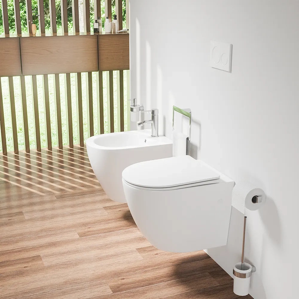 Coppia di sanitari sospesi in ceramica bianco lucido vaso rimless con copriwc soft-close e bidet | Europa Small