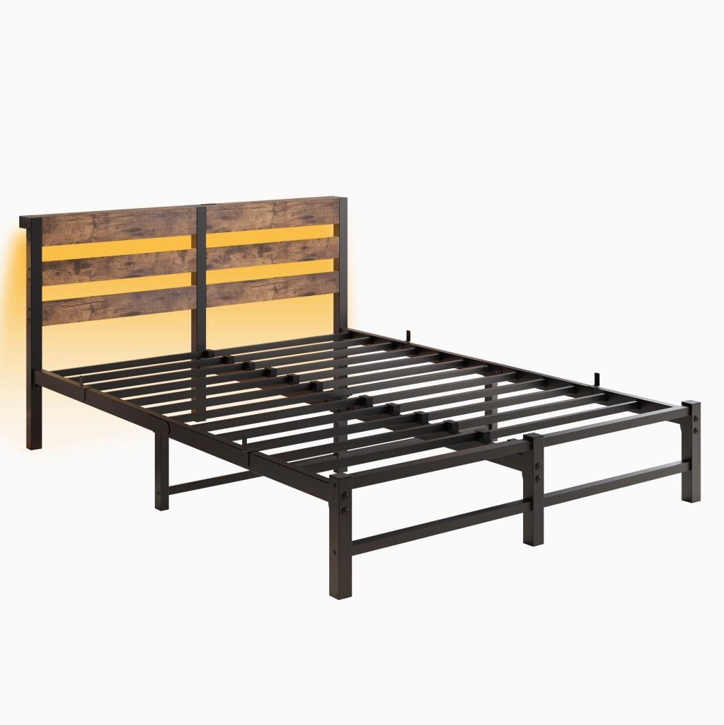 Letto matrimoniale 140×190 cm con 2 USB; LED RGB; ripiano testiera; struttura in metallo e legno; senza materasso; nero marrone