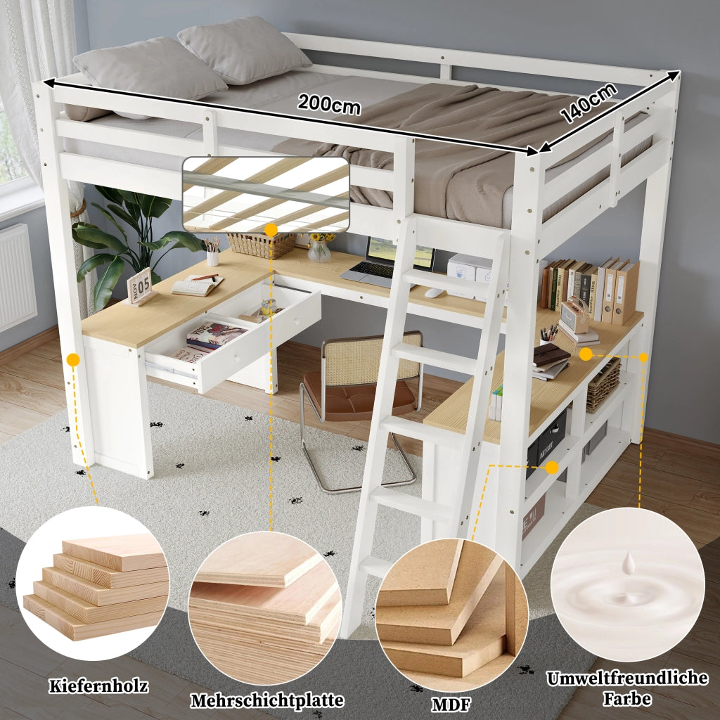 DESMIU Letto a soppalco per bambini 140 × 200 cm 1 posto con scrivania a U, 2 cassetti, ripiano, senza materasso, bianco e naturale