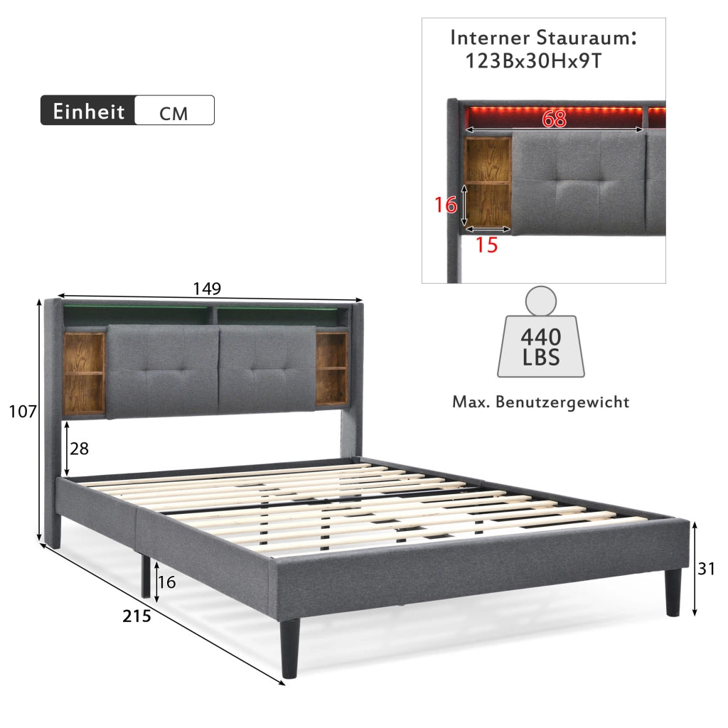 letto imbottito legno grigio 140 x 200 cm