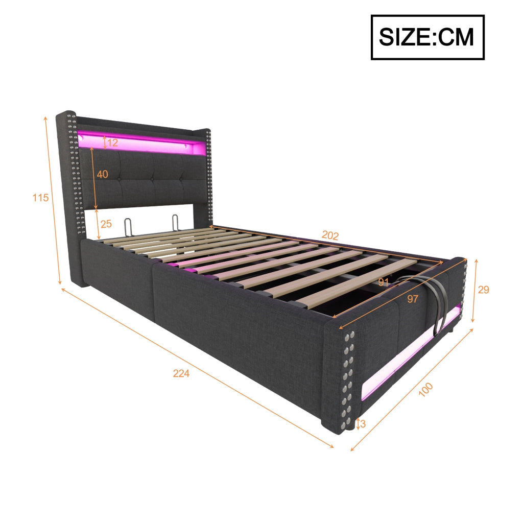LETTO imbottito con LED, USB e contenitore 90x200 cm grigio
