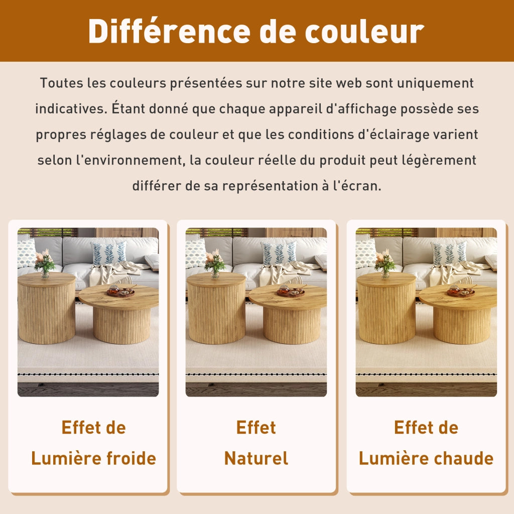 Tavolini da Salotto Impilabili Rotondi con 2 Tavoli e Vano Contenitore Stile Nordico per Soggiorno MDF Naturale