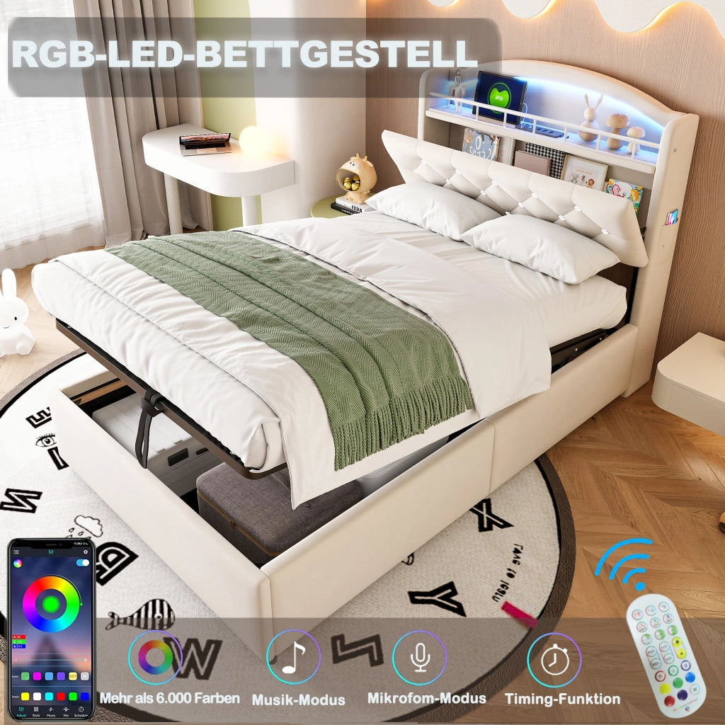 LETTO imbottito 90x200 cm in velluto beige con contenitore, LED e USB