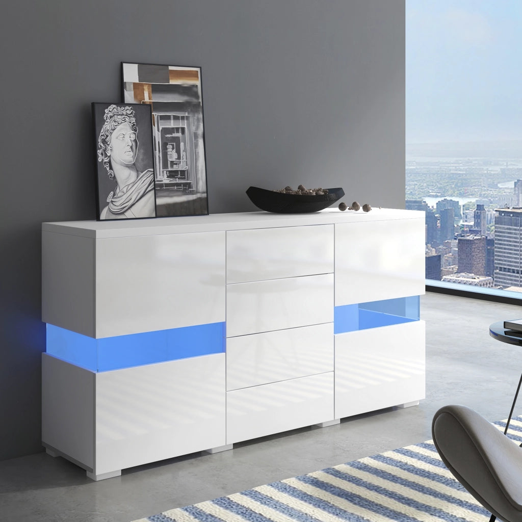 Sideboard bianco lucido con LED, 2 ante in acrilico e 4 cassetti