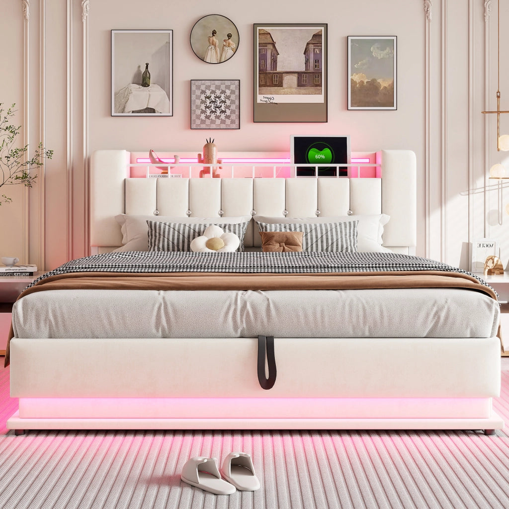 LETTO Imbottito 180x200 cm Beige con LED, USB e contenitore idraulico