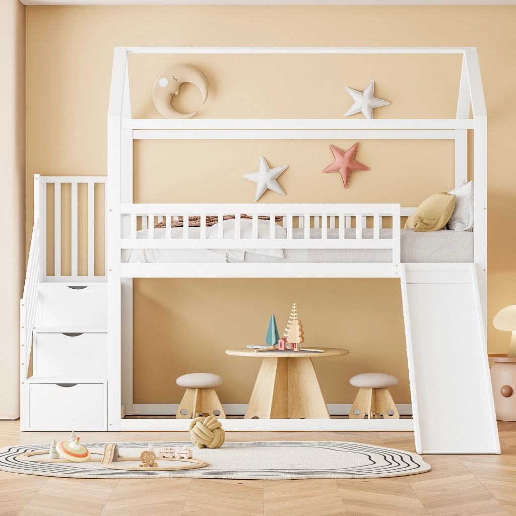 Letto a soppalco 90×200 cm; letto singolo con scivolo e scala contenitore; sponde alte; senza materasso; legno
