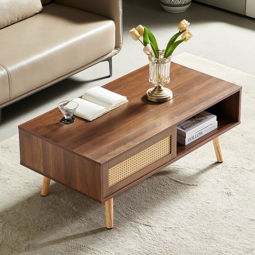 Tavolino da Caff¨¨ con Ante Scorrevoli ¨C MINIMAL ¨C Noce Scuro, Gambe in Legno Massello, 105x55x40 cm