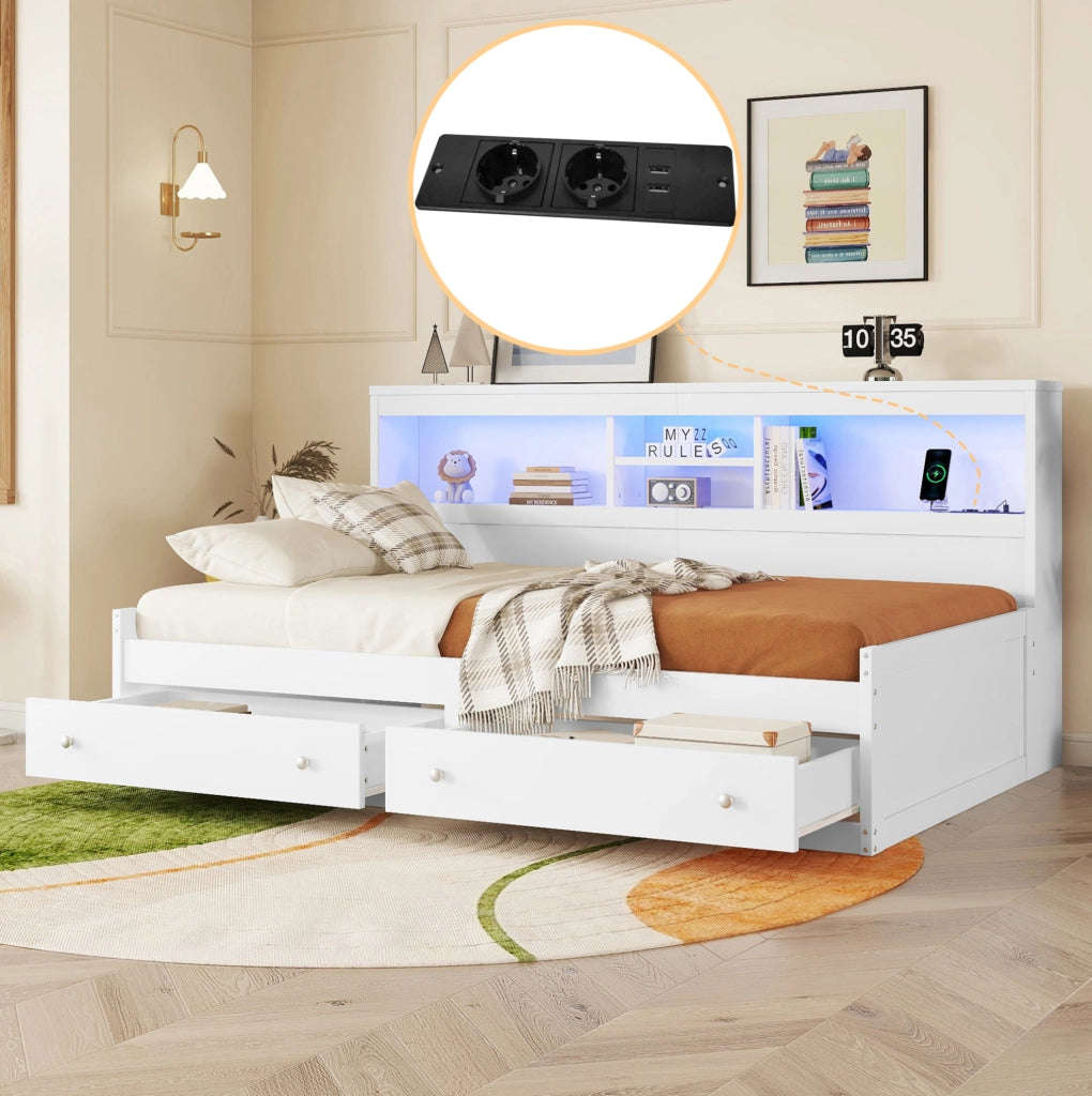 Letto daybed 90x200 cm con LED, USB e 2 cassetti
