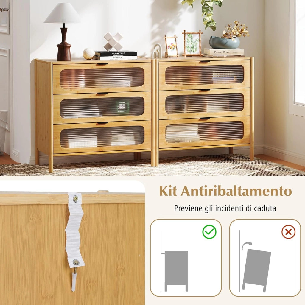 Cassettiera a 3 Cassetti in Bambù e Vetro Temperato, Cassettiera Salvaspazio per Camera da Letto, Credenza per Soggiorno, Ingresso e Corridoio, 80 x 40 x 78,5 cm, Naturale