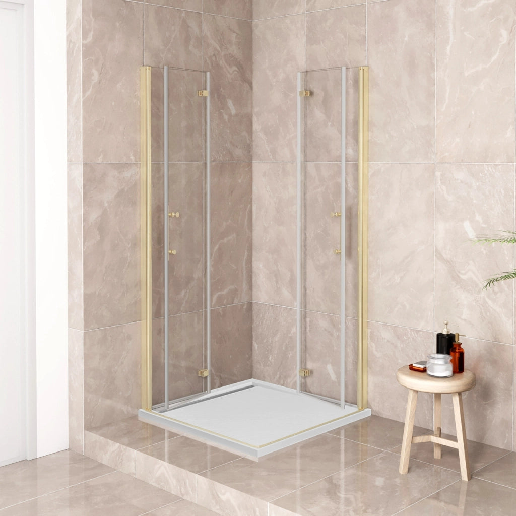 185 cm Box Doccia Angolare 76x76 cm Doppia Porta Battente Pieghevole Vetro Temperato Trasparente 6 mm Anticalcare Telaio Dorato Spazzolato