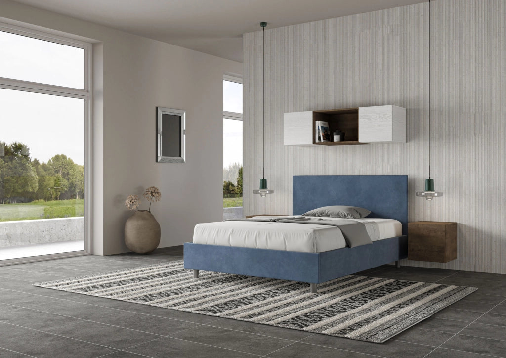BS COM Letto una piazza e mezza contenitore imbottito 130x190 microfibra blu