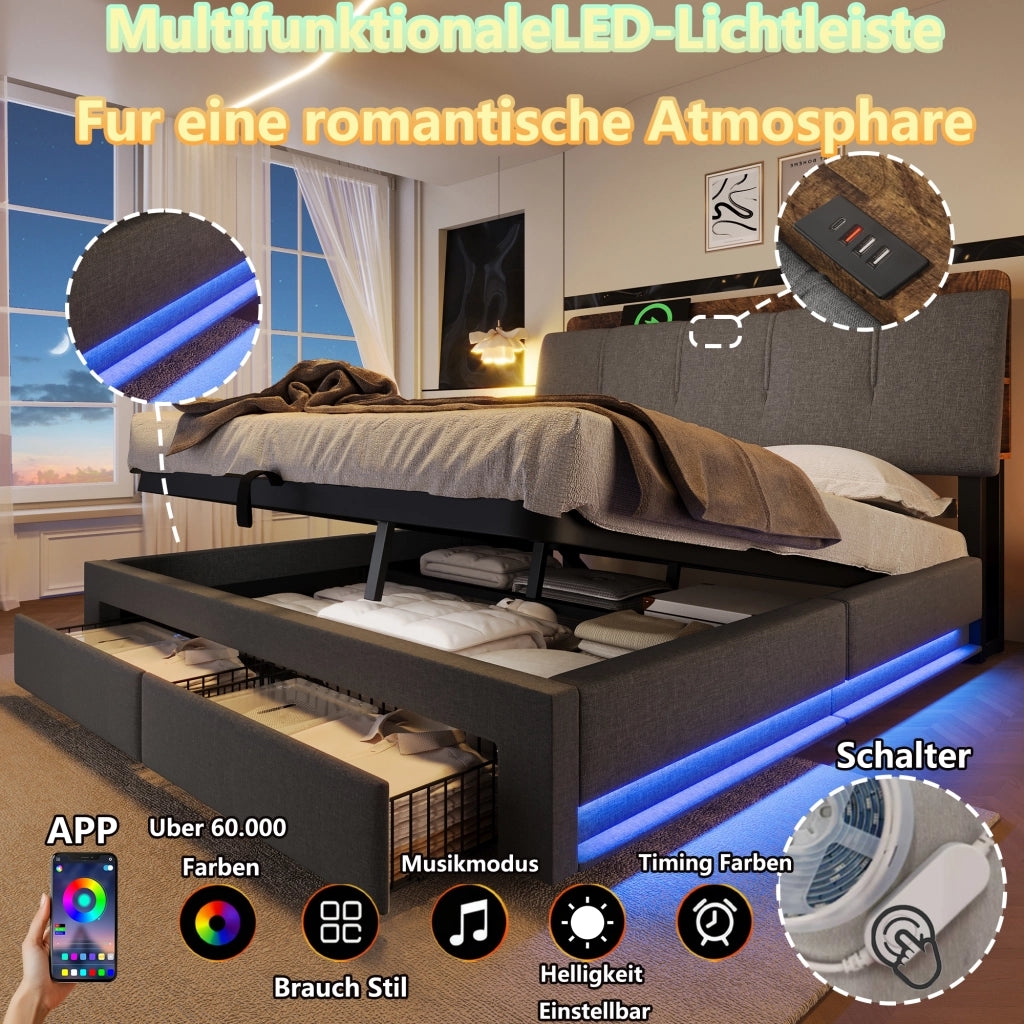 LETTO Contenitore 140x200 cm Grigio in lino con USB e Type-C