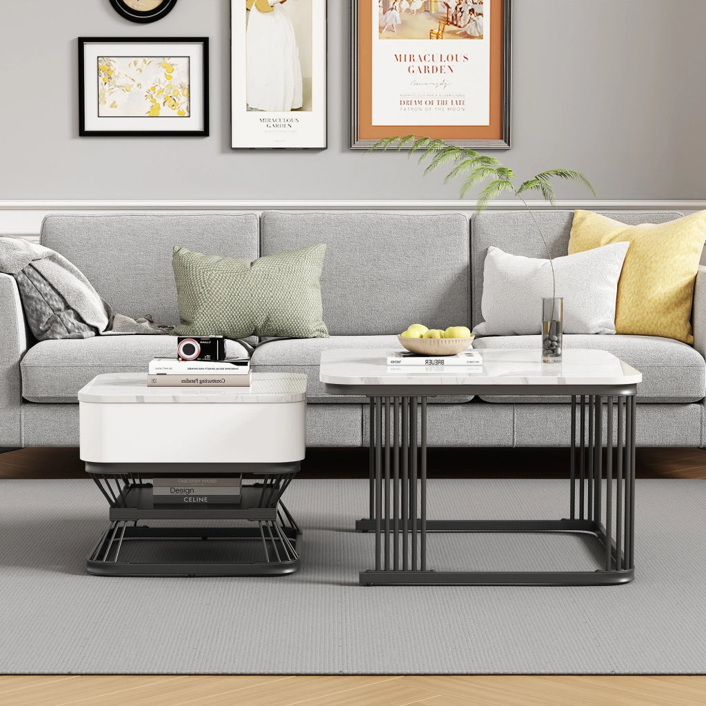 Set di 2 tavolini da salotto quadrati in effetto marmo lucido, bianco e nero, 70x70x45 cm + 50x50x40 cm, con 1 cassetto