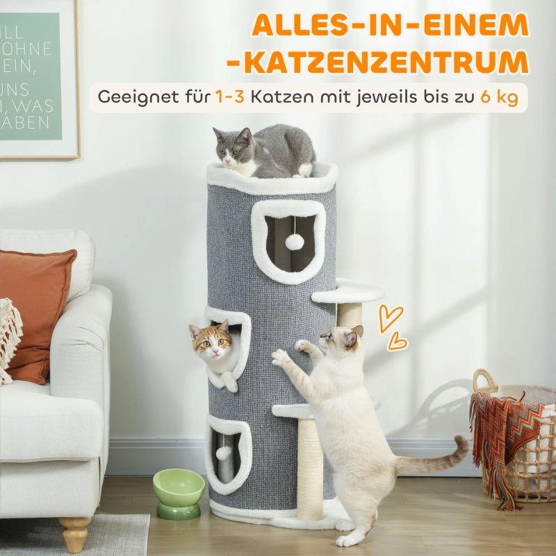 Torre per gatti da 101 cm, 3 livelli, 3 cucce per dormire, palline da gioco, tiragraffi, sisal, truciolato, grigio