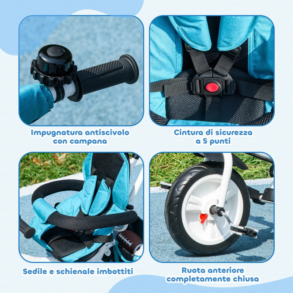 Triciclo 6 in 1 con Maniglione ¨C Xylo ¨C Tettuccio Regolabile, Cintura Sicurezza, Blu, 1-5 Anni