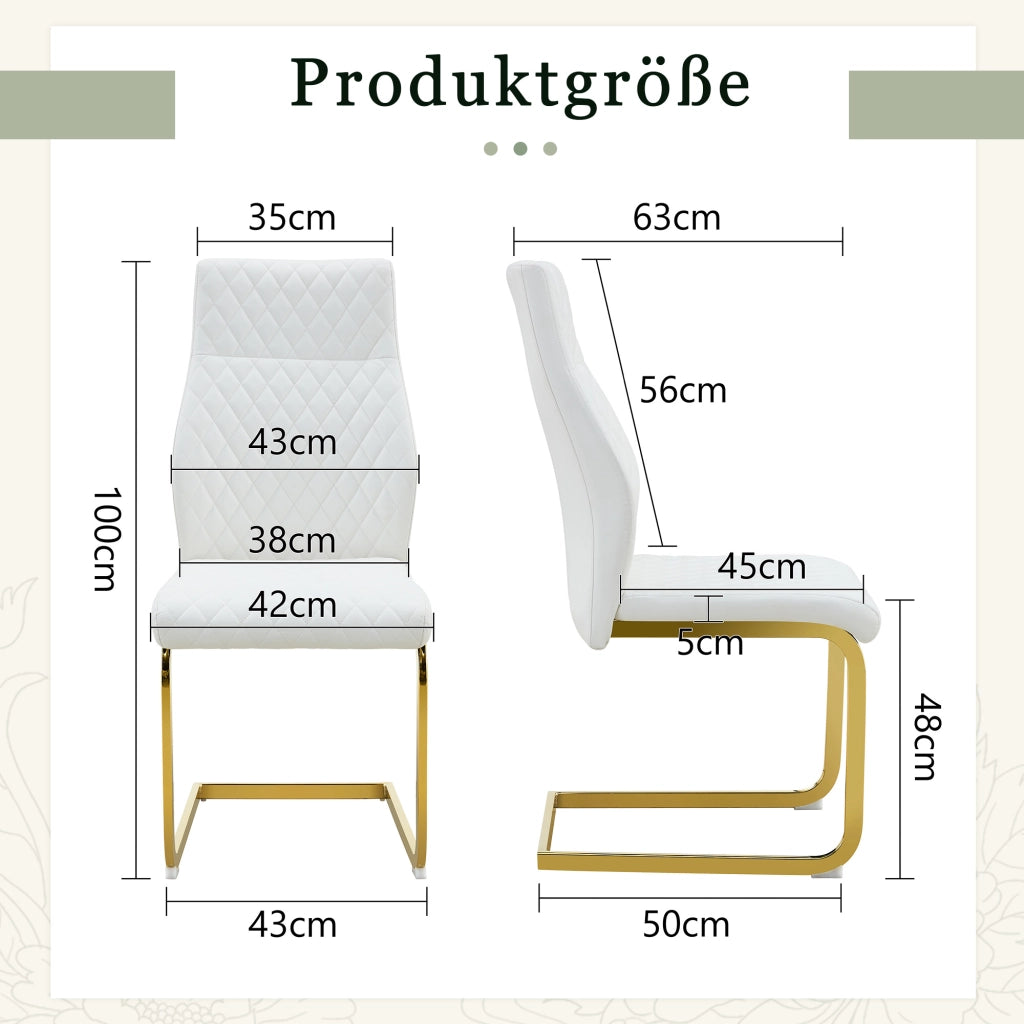 Sedia da Pranzo Set da 2 con Schienale Alto Ergonomico e Seduta Imbottita in PU Bianco e Metallo Dorato