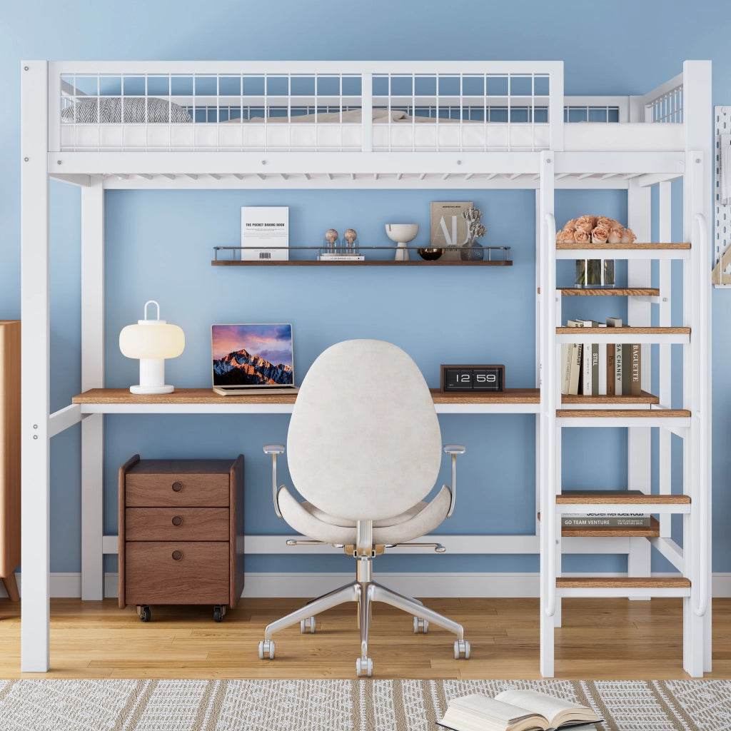 DESMIU Letto a Soppalco 1 Posto con Scrivania, Scaffali e Scala 90 × 200 cm, Senza Materasso, Metallo e Legno, Bianco Naturale