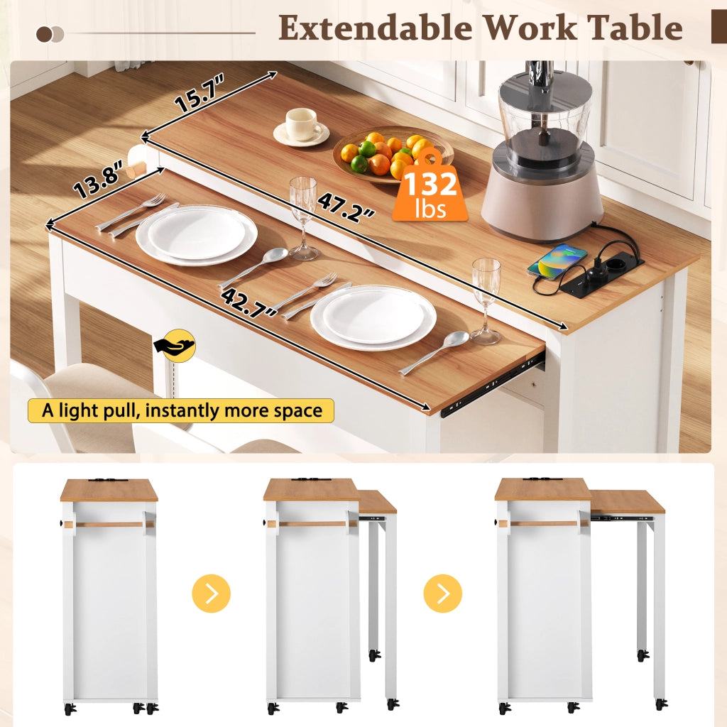 Desserte da cucina mobile con piano estraibile; vano aperto e scomparto per rifiuti per cucina; bianco; 120 × 40-75 × 92 cm