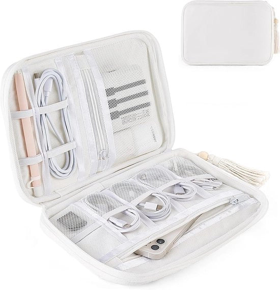Organizzatore di Cavi Portatile per Elettronica e Accessori - Bianco - Con Pennello - Ricarica Telefono USB - Viaggio.