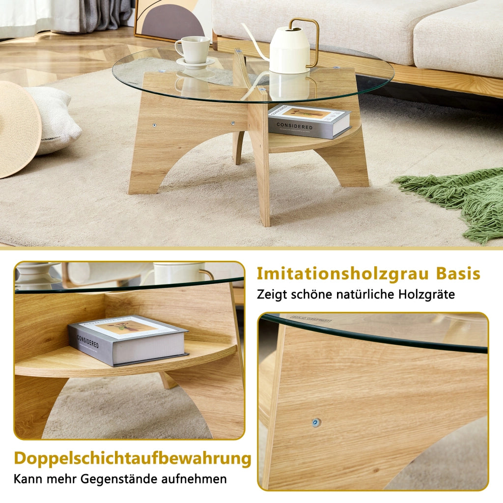 Tavolino da caff¨¨ rotondo moderno in vetro ¨C ? 80 cm con piano trasparente, design multifunzionale. Struttura a ventaglio, gambe in MDF effetto legno