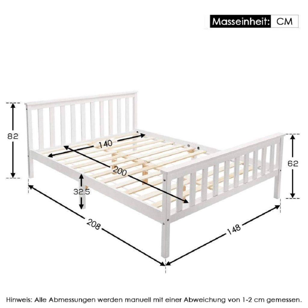 Letto matrimoniale, letto in legno 140 x 200 cm, letto in legno massello con rete a doghe, letto in pino per adulti, bambini, ragazzi, bianco