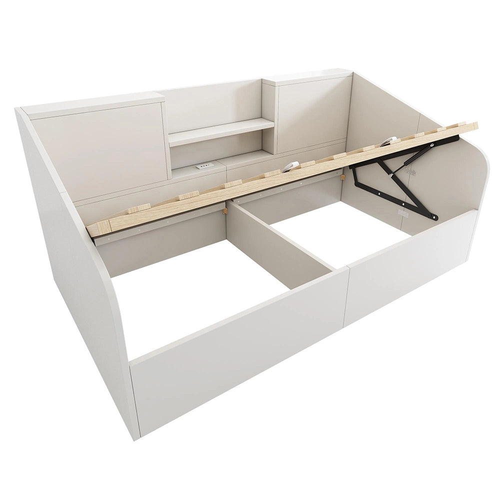 Letto giorno-Xylo-90x200cm legno 2 ripiani USB idraulico bianco senza materasso