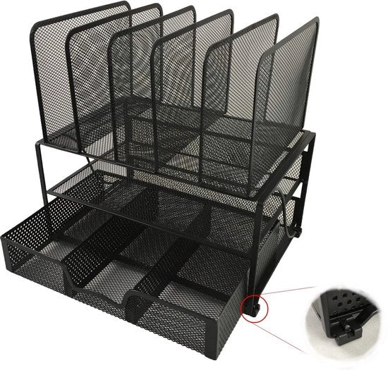 Organizzatore per scrivania in metallo nero. Organizzatore robusto con piedini antiscivolo e resistenti ai graffi. Design elegante. Cassetta per ufficio con 1 contenitore orizzontale + 5 supporti per documenti e lettere.