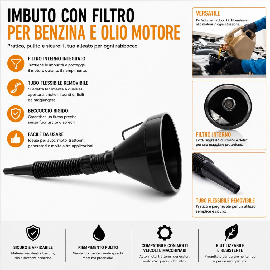 Imbuto con Filtro e Tubo Flessibile per Carburante Benzina Olio Acaqua Vino