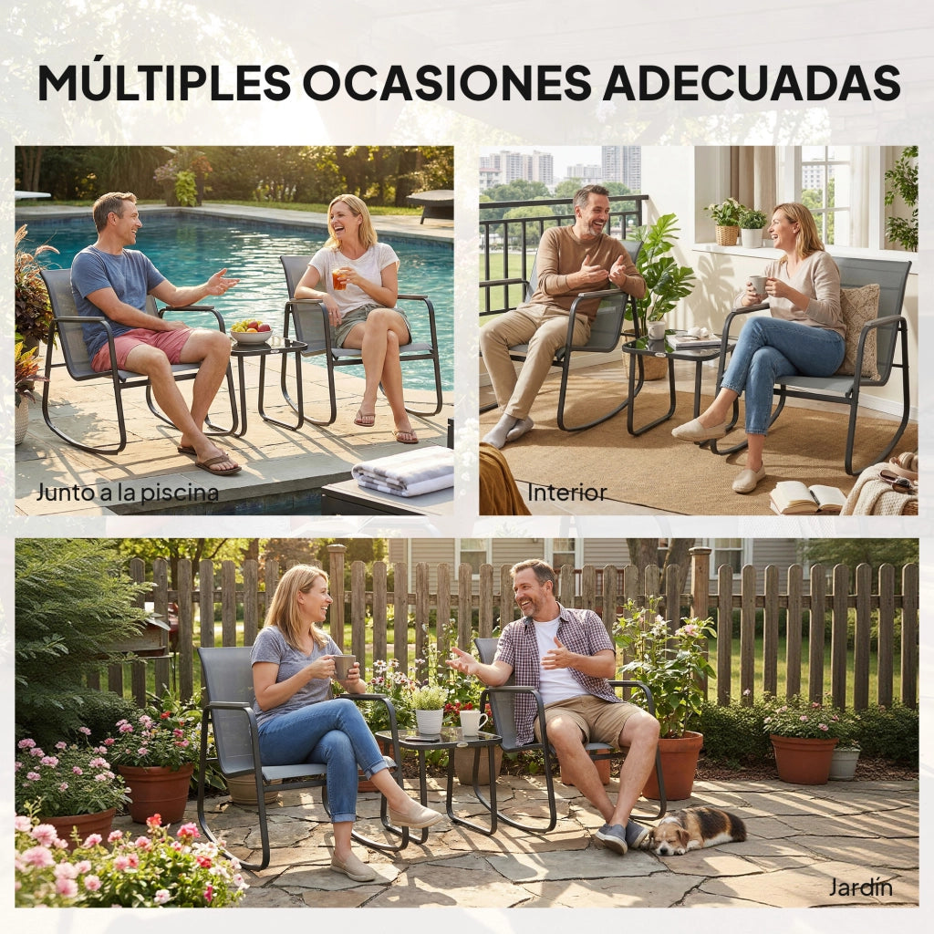 Set Giardino 3 Pezzi con 2 Sedie a Dondolo e Tavolino ¨C Xylo ¨C Piano Vetro Struttura Acciaio Grigio