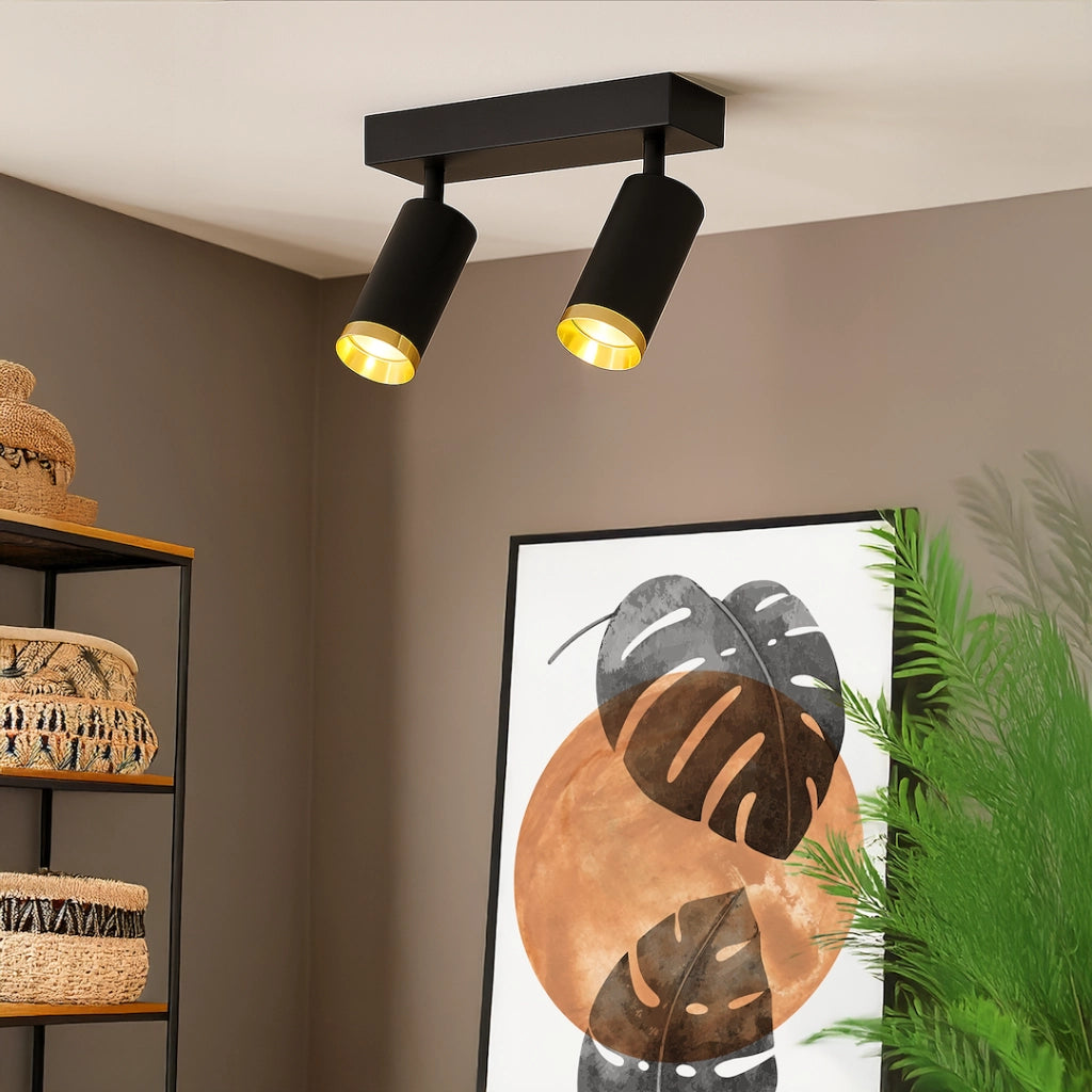 Plafoniera barra nera oro 2 faretti orientabili GU10