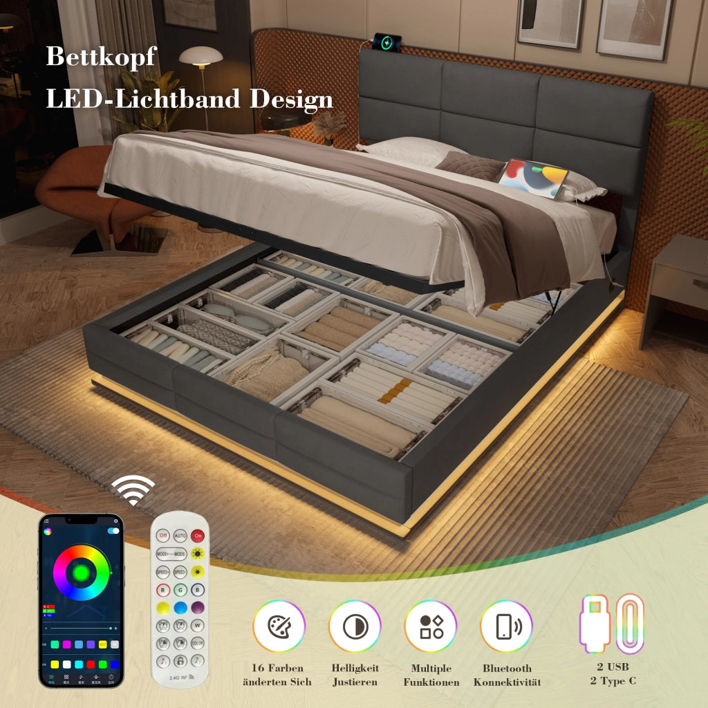 OKWISH Letto Contenitore 180×200 cm, Letto Matrimoniale con USB, Tipo C, LED Regolabile e Testiera Regolabile, senza Materasso, Velluto, Grigio Scuro