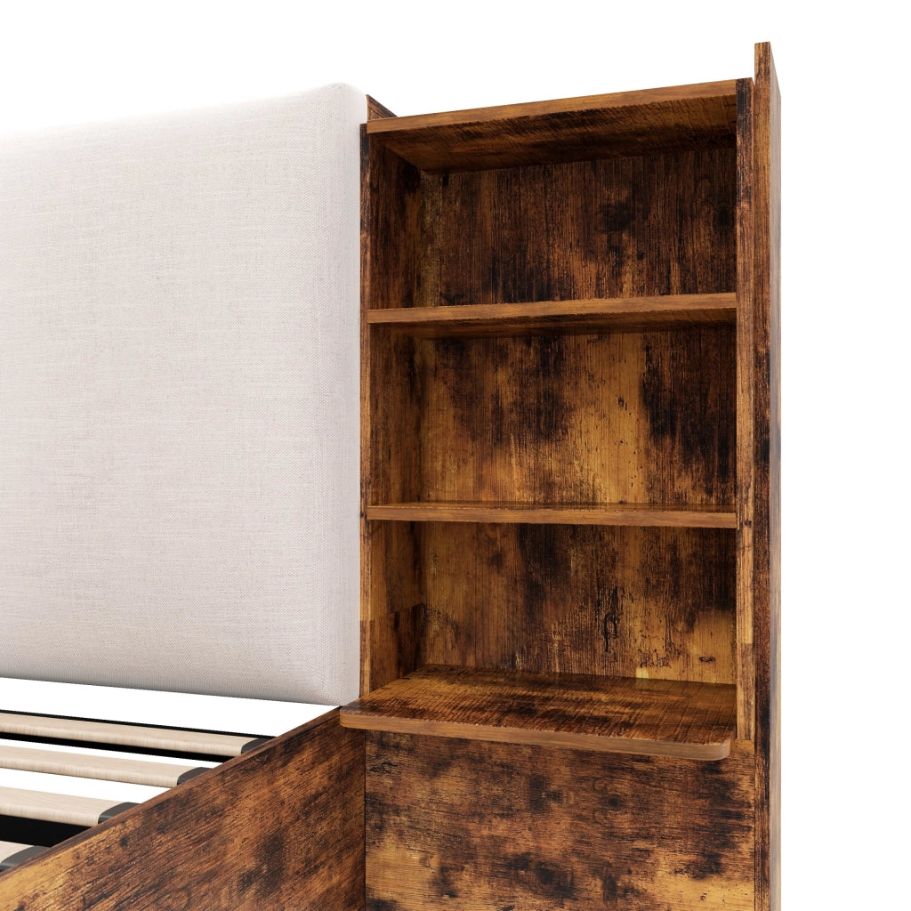 DESMIU Lit coffre 180 × 200 cm 2 posti con LED, 6 vani, testiera imbottita, senza materasso, marrone