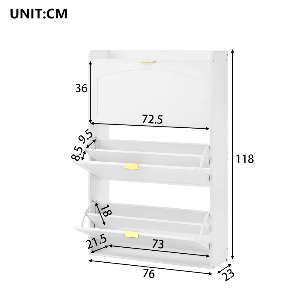 Scarpiera con 3 ante ribaltabili per ingresso e soggiorno in truciolare bianco 76x23x118 cm