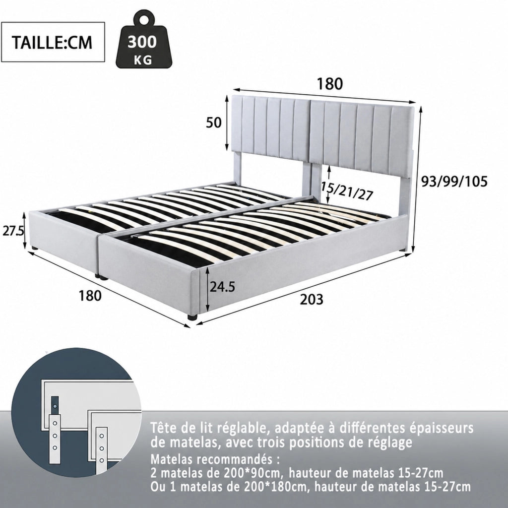 DESMIU Letto Contenitore Letto Matrimoniale con Vano Idraulico, Testiera Regolabile, 180 × 200 cm e 90 × 200 cm, Senza Materasso