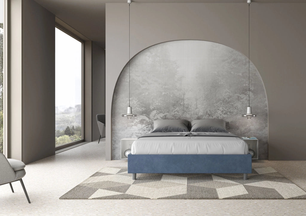 BS COM Letto queen size con rete imbottito 150x210 microfibra blu