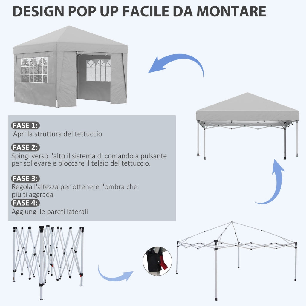 Gazebo 3x3 m Pieghevole ad Altezza Regolabile con Finestrelle, in Acciaio e Tessuto Oxford Grigio Chiaro