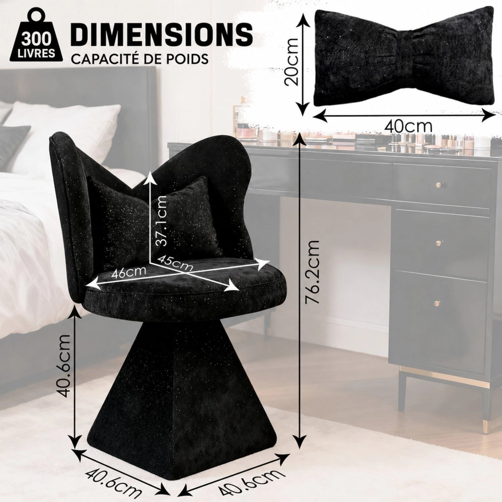 Sedia girevole imbottita in chenille nero con base triangolare stabile, senza braccioli, per soggiorno, sala da pranzo e spazi beauty