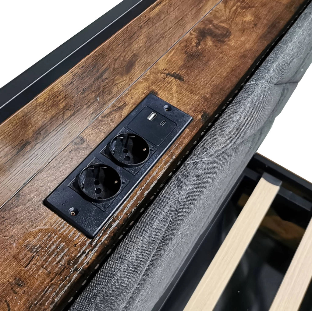 Letto matrimoniale multifunzione con contenitore, LED e porte USB/Type-C