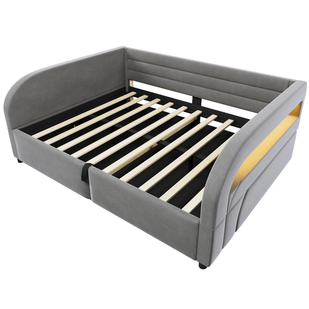 Letto imbottito 140x200 cm con contenitore idraulico e LED; grigio