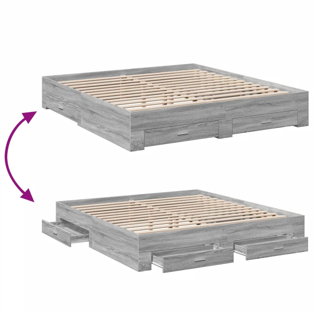 Letto matrimoniale | Letto per adulti | Giroletto Cassetti Grigio Sonoma 200x200 cm Legno Multistrato