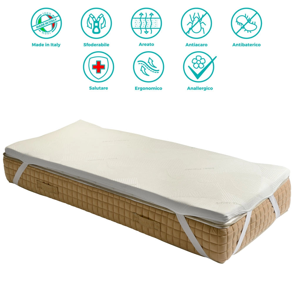 Topper rigido, correttore ORTOPEDICO BIOGREEN H6, DISPOSITIVO MEDICO DETRAIBILE, tessuto anallergico sfoderabile, 4 lati in ARGENTO - ORTOPEDIC francese 140x195