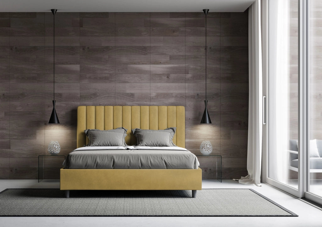 BS COM Letto matrimoniale con rete imbottito 160x200 microfibra ocra